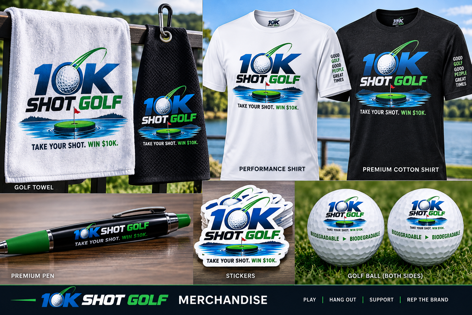 10K Shot Golf merchandise collection: golf towels, performance shirts, premium cotton shirts, pens, stickers, and biodegradable golf balls